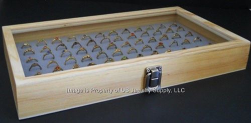 Key lock locking natural wood glass top grey 72 ring jewelry display case for sale