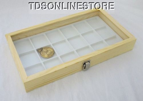 NATURAL WOOD POCKET WATCH/ JEWELRY 18 SLOT GLASS TOP DISPLAY WHITE