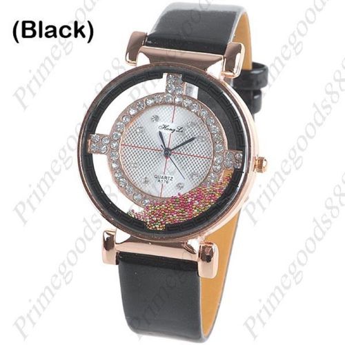 Micro Beads PU Leather Rhinestones Quartz Lady Ladies Wristwatch Women&#039;s Black