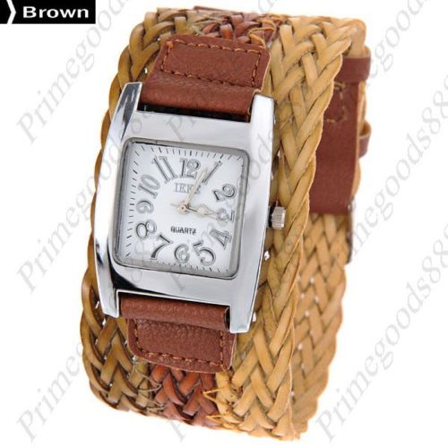 Wide Square Twin PU Leather Quartz Wrist Lady Ladies Wristwatch Women&#039;s Brown