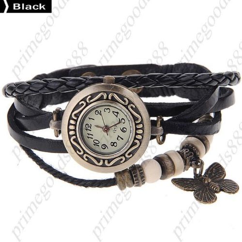 Synthetic Leather Butterfly Quartz Wrist Wristwatch Free Shipping Women&#039;s Black
