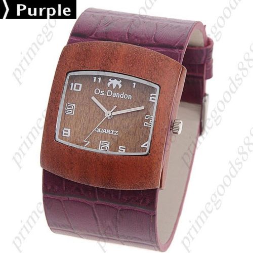 Square Wood Wooden PU Leather Lady Ladies Wrist Quartz Wristwatch Women&#039;s Purple
