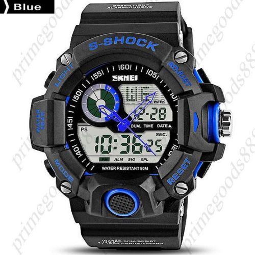 2 Time Zone 50 M Water Proof Analog Digital Date LED Wristwatch Men&#039;s Blue