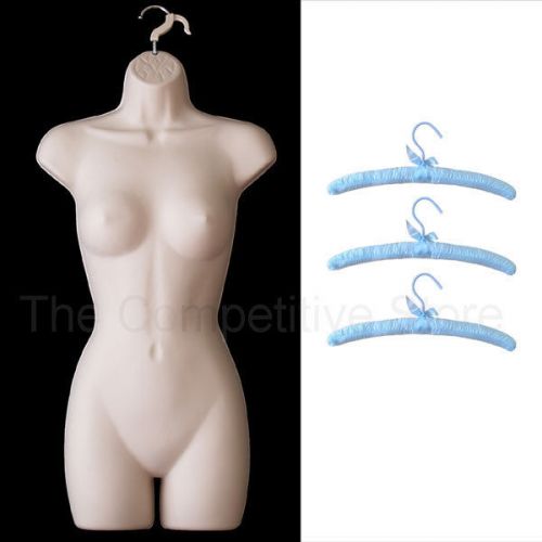 Bundle flesh female body form mannequin s-m sz + 3 light blue satin hangers for sale