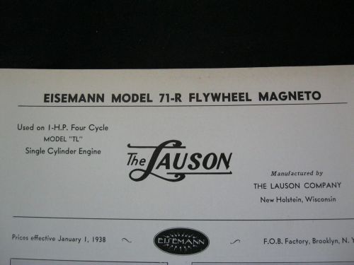 1938 EISEMANN 71-R LAUSON TL ENGINE FLYWHEEL MAGNETO PARTS LIST &amp; DIAGRAM
