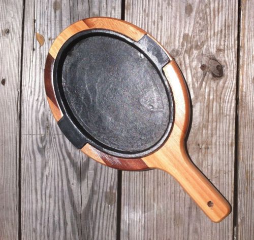 Imported Oval Cast Iron Sizzling Steak Plate with Wooden Base, size 8x9 inches