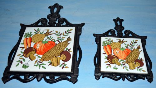 Vintage 2 pc Set Cast Iron, Ceramic, Hot plate, Vegetable, Wall Hanging