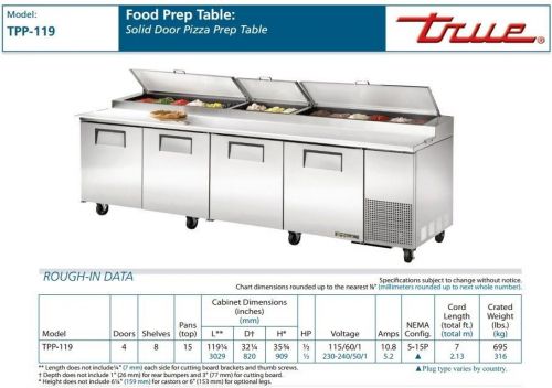 NEW TRUE COMMERCIAL 4 Door 119&#034; Pizza Prep Table TPP-119