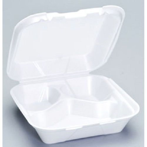 Genpak SN243-VW 8&#034; x 8&#034; x 3&#034; White Foam 3 Compartment Hinged Lid Container