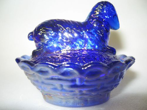 cobalt Blue carnival glass Lamb / Sheep salt cellar celt on nest basket dip boyd