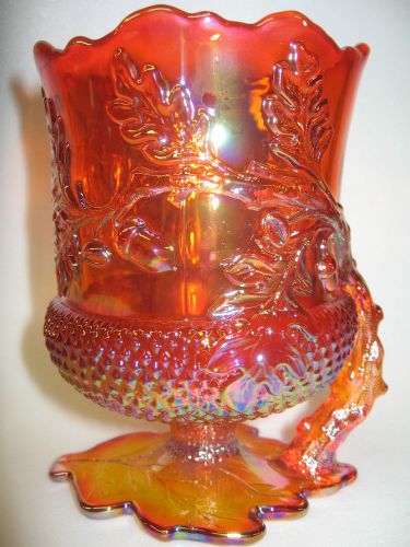 Marigold carnival glass acorn oak leaf pattern spooner vase dish iridescent art