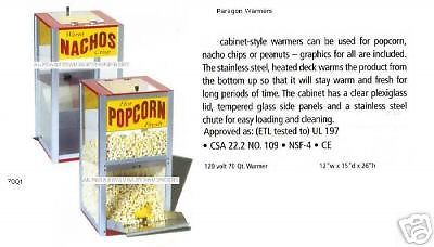 PARAGON NACHO/POPCORN WARMER 70QT  120V CABINET-NEW