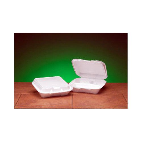 Genpak 8.44&#034; foam hinged carryout container with 3 compartment in white for sale