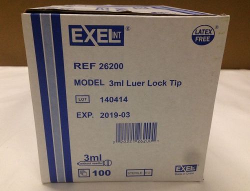 Exel Disposable Syringes ONLY, 3cc / 3ml, REF 26200, 100/Box, Exp 2019-03