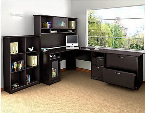 L Shaped Office Computer Desk Sturdy Executive Espresso Furniture 4 Piece Set