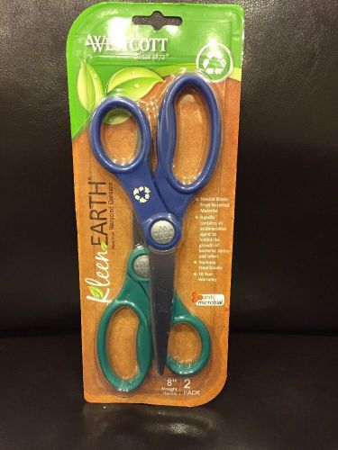 NEW     2-pak of 8&#034; Westcott Kleen Earth Straight Handle Scissors Blue/Green