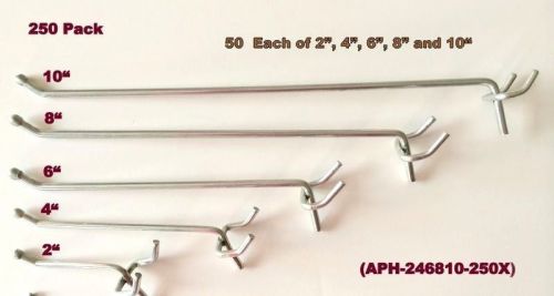 (250 Pack) Assorted Metal Hooks 50 Each of 10, 8, 6, 4, 2&#034; Pegboard or Slatwall