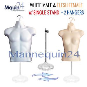 SET of WHITE MALE &amp; FLESH FEMALE MANNEQUIN TORSO  FORMS +1 STAND +2 HANGERS:
