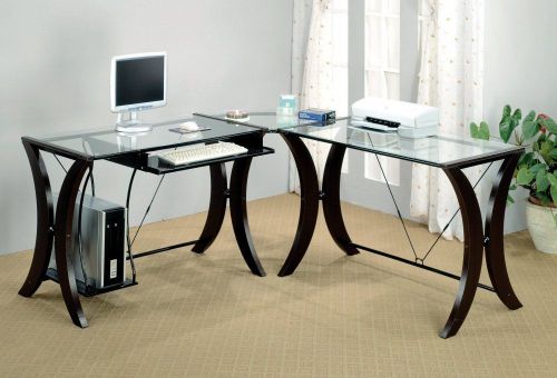 Coaster L-Shape Home Office Computer Desk, Cappuccino Finish Base, Glass Top
