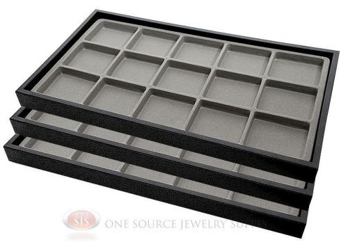 (3) Black Plastic Stackable Trays w/15 Compartment Gray Jewelry Display Inserts