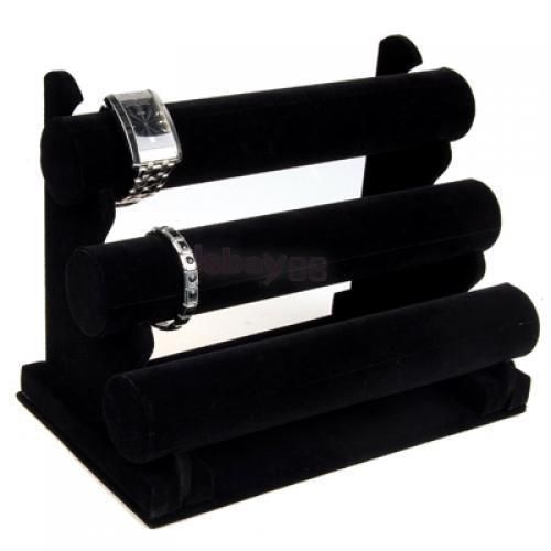 Black velvet 3 tier bracelet/watch jewelry display holder stand organizer rack for sale