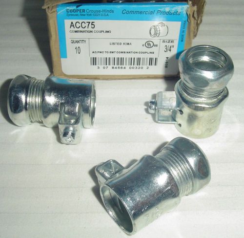 Qty (10) crouse-hinds acc75 3/4 ac fmc to emt combination compression couplings for sale
