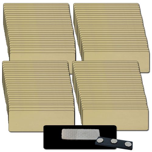 100 BLANK 1 X 3 GOLD NAME BADGE KIT (U) TAGS 1/8&#034; CORNERS MAGNETS CLEAR LABELS