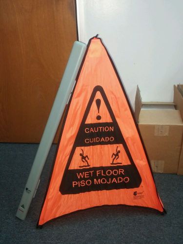 Commercial multilingual &#034;caution&#034; pop-up safety cone, 3-sided, fabric, plus case for sale