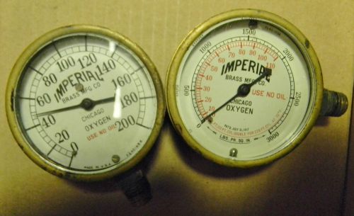 2 Vintage Brass Ringed Pressure Gauges Imperial Brass Mfg Co