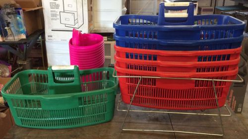 Set of 6 Plastic Shopping/Grocery Store Baskets &amp; Wire Metal Stand/Holder EUC!!