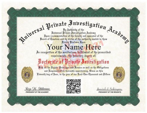 PRIVATE INVESTIGATOR DIPLOMA PROP - (Custom w Your Name) SCANNABLE QR CODE
