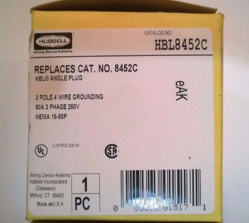 Hubbell hbl8452c angle plug, 15-50p, 50a, 3 pole 4 wire 250vac 3 phase for sale
