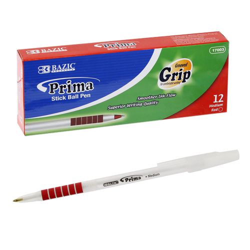 12-Count Bazic Prima Stick Ball Pens - Red with Grooved Grip