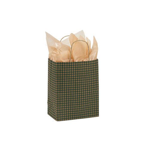 Count of 100 Medium Green Gingham Paper Shopping Bag 8” x 4  1/2 ” x 10  1/4 ”