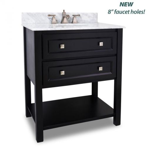 30 inch BLACK HARDWARE RESOURCES VANITY DRAWERS OPEN BOTTOM WHITE MARBLE TOP