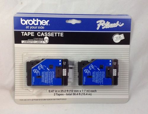 BROTHER P-TOUCH TC-20 2-PK 1/2&#034; TAPE CASSETTE BLACK ON WHITE LAMINATED LABELS