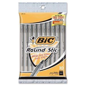 Bic Round Stic Ball Pens Medium Point 10/Pkg-Black 070330201231