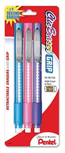 Pentel Clic Retractable Eraser with Grip, Assorted Barrels, 3 Pack (ZE21TBP3M)
