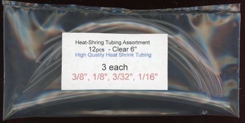 Heat shrink tubing assortment-pkg 12 x 6&#034; -3 each-clear-3/8&#034;, 1/8&#034;, 3/32&#034;, 1/16&#034; for sale