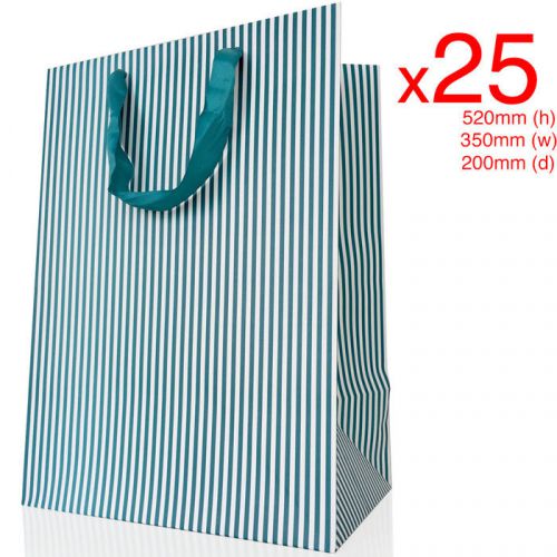 25pk X-Large 52cm White Green/Mint Carry Gift Bag Striped Laminated Matte Paper