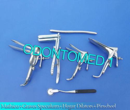 Mathieu Speculum+ Hegar Dilator + Black Pinwheel &amp; 3 Graves Vaginal Speculums
