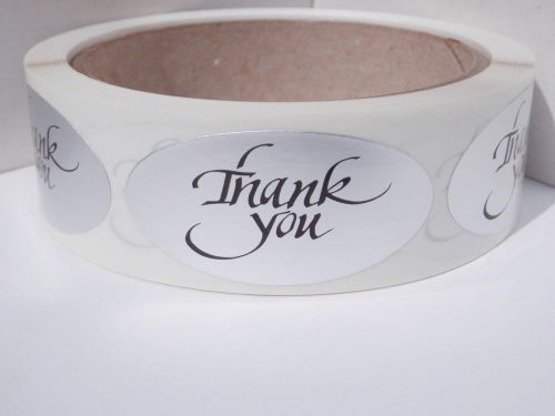 THANK YOU 1x2 oval  Stickers Labels dull silver foil bkgd 250/rl