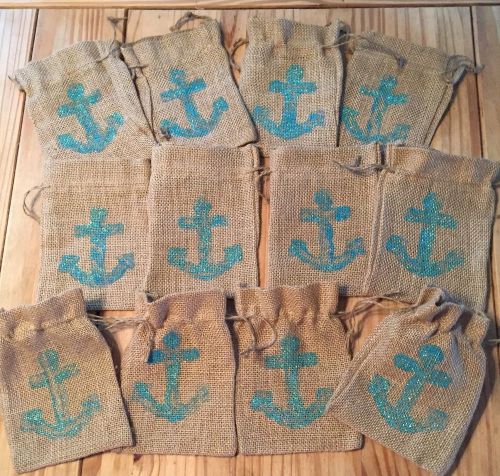 12 Burlap Bags 5 x 7 Hand Painted Drawstring Nautical Teal Blue Anchor Party