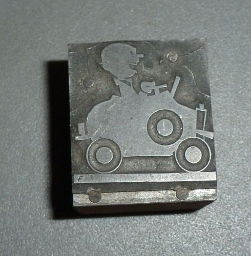 Vintage Printing Press Ink Stamp Block metal wood cartoon man in car driver