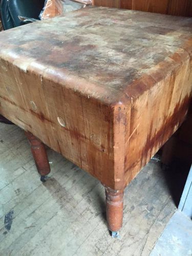 Antique pure maple 14&#034;thick butcher block on solid oak legs with castors for sale