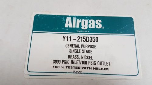 New Airgas Regulator Single Stage Brass Nickel 3000 Inlet/100 Outlet Y11-215D350