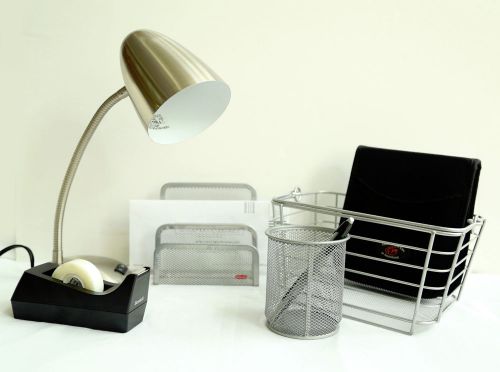 Back to School Silver Desk Set Lamp Tape Dispenser Pen Pencil Letter Holder Dorm