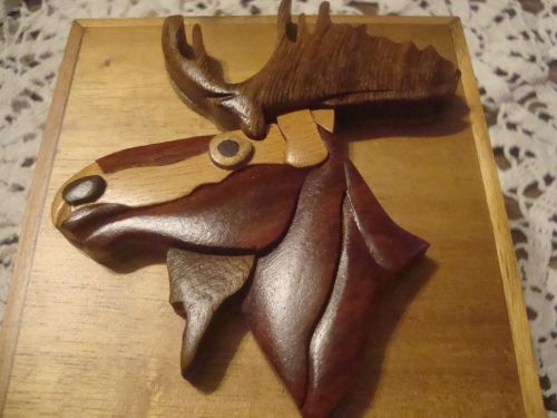 OOAK CARVED WOOD INTARSIA MOOSE TRINKET BOX CABIN HUNTER DESK CARD HOLDER RUSTIC