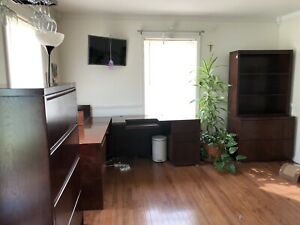 Mahogany office set: desk, pedestal 4 &amp; 2-drawer lateral file cabinets, hutch 