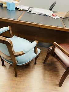 Executive Leather Top Office Desk &amp; Credenza Cowhide with Hair Chair Oak Large